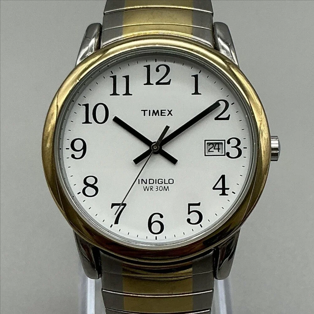 Timex Indiglo WR 30M Mens Watch 35mm White Dial Two Tone Bracelet New Battery